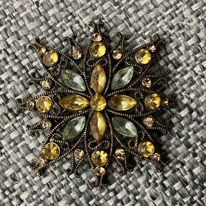 Vintage Brass-toned Filigree Brooch with yellow and green gems